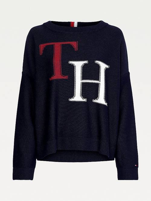 Tommy Hilfiger Monogram Knit Round Neck Jumper Ženske Puloverji Modra | TH417HOG