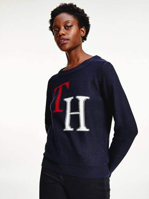 Tommy Hilfiger Monogram Knit Round Neck Jumper Ženske Puloverji Modra | TH417HOG