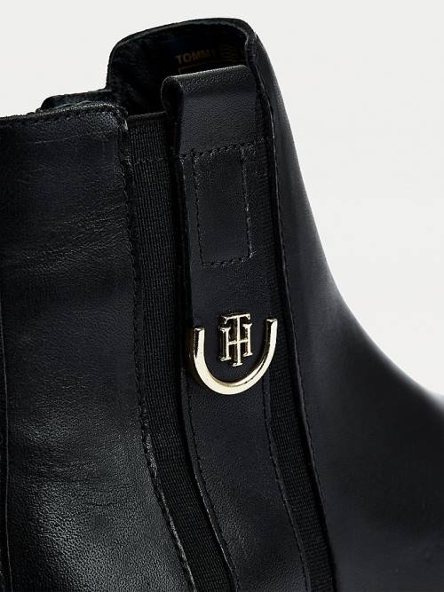 Tommy Hilfiger Monogram Plaque Flat Leather Ankle Ženske Škornji Črna | TH315HPS