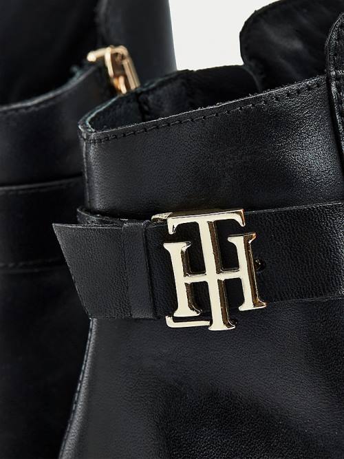 Tommy Hilfiger Monogram Plaque Leather Ankle Ženske Škornji Črna | TH531LOE