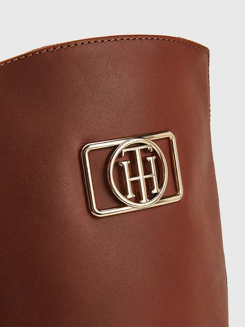 Tommy Hilfiger Monogram Plaque Long Leather Ženske Škornji Rjav | TH810DAP