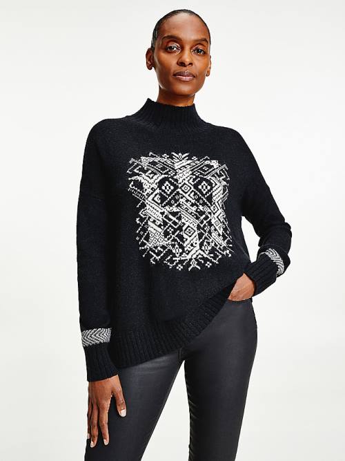 Tommy Hilfiger Monogram Relaxed Fit Alpaca Jumper Ženske Puloverji Črna | TH467QVO