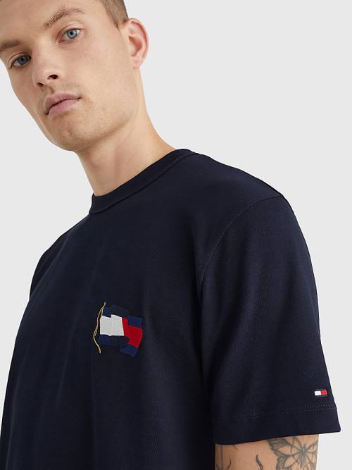 Tommy Hilfiger Motion Flag Embroidery Moški Majice Modra | TH918VQI