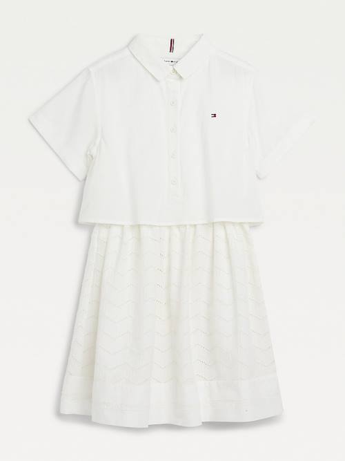 Tommy Hilfiger Organic Cotton Broderie Anglaise Dekleta Obleke Bela | TH402PRV