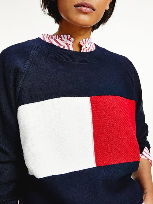 Tommy Hilfiger Organic Cotton Colour-Blocked Flag Jumper Ženske Puloverji Modra | TH870KXQ