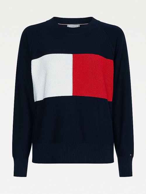 Tommy Hilfiger Organic Cotton Colour-Blocked Flag Jumper Ženske Puloverji Modra | TH870KXQ