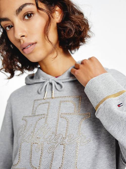 Tommy Hilfiger Organic Cotton Crystal Monogram Ženske Pulover s kapuco Siva | TH952SMG