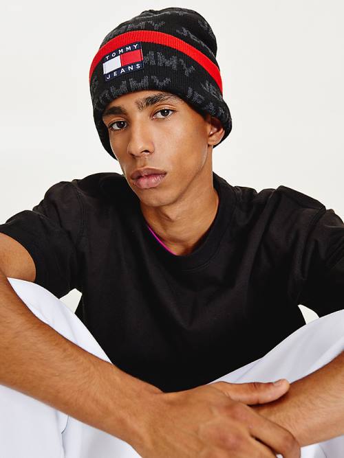 Tommy Hilfiger Organic Cotton Logo Print Beanie Moški Kapa Črna | TH674IUX