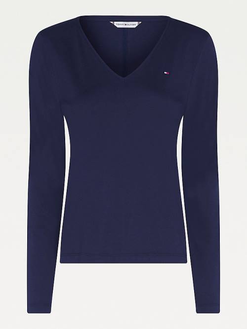 Tommy Hilfiger Organic Cotton Long Sleeve V-Neck Ženske Majice Modra | TH897QFO