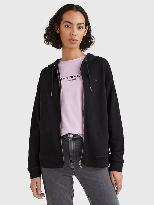 Tommy Hilfiger Organic Cotton Relaxed Fit Zip-Thru Ženske Pulover s kapuco Črna | TH803MNT