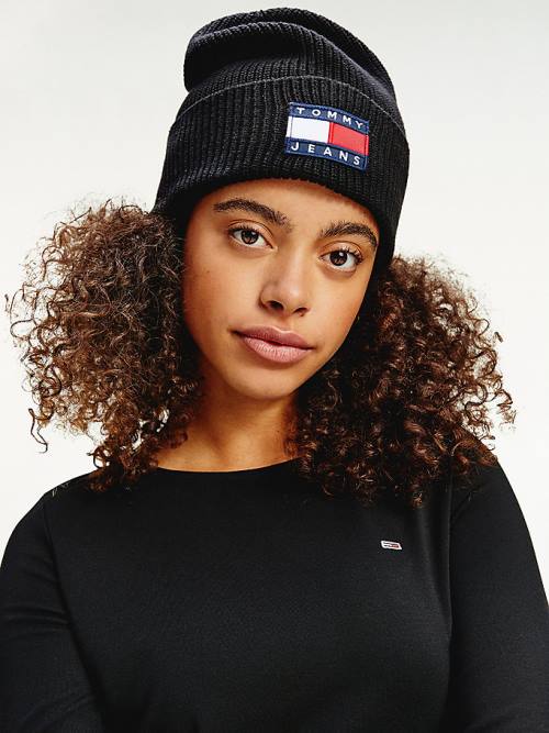 Tommy Hilfiger Organic Cotton Rib-Knit Badge Beanie Ženske Kapa Črna | TH624TKW