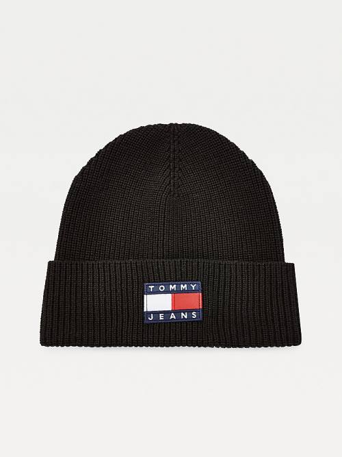 Tommy Hilfiger Organic Cotton Rib-Knit Badge Beanie Ženske Kapa Črna | TH624TKW