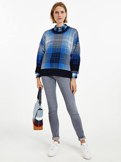 Tommy Hilfiger Organic Cotton Shadow Check Jumper Ženske Puloverji Modra | TH570FWA