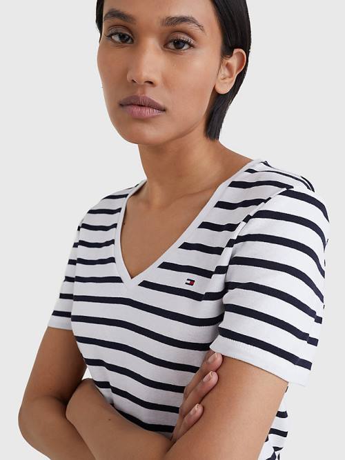 Tommy Hilfiger Organic Cotton Slim Fit V-Neck Ženske Majice Bela | TH741LMV