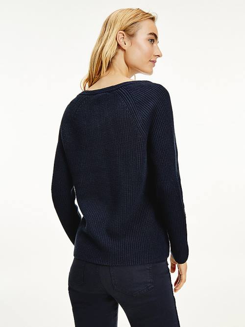 Tommy Hilfiger Organic Cotton V-Neck Jumper Ženske Puloverji Modra | TH930NBM