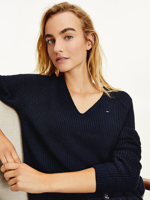 Tommy Hilfiger Organic Cotton V-Neck Jumper Ženske Puloverji Modra | TH930NBM