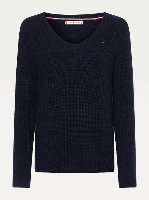 Tommy Hilfiger Organic Cotton V-Neck Jumper Ženske Puloverji Modra | TH930NBM