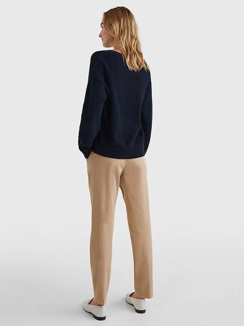 Tommy Hilfiger Organic Cotton V-Neck Relaxed Fit Cardigan Ženske Puloverji Modra | TH836DTB