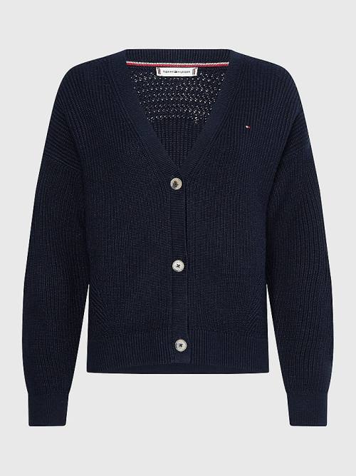 Tommy Hilfiger Organic Cotton V-Neck Relaxed Fit Cardigan Ženske Puloverji Modra | TH836DTB