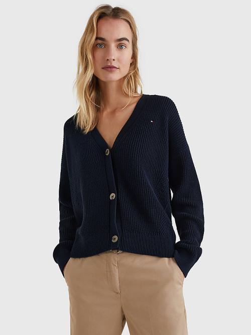 Tommy Hilfiger Organic Cotton V-Neck Relaxed Fit Cardigan Ženske Puloverji Modra | TH836DTB