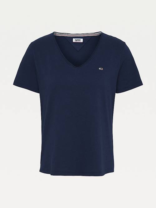 Tommy Hilfiger Organic Cotton V-Neck Slim Fit Ženske Majice Modra | TH742UIA