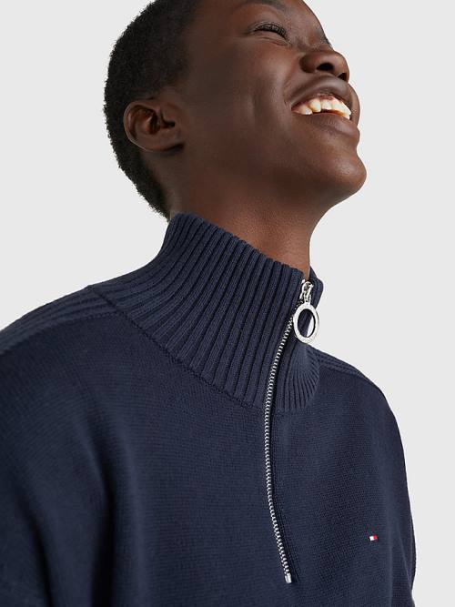 Tommy Hilfiger Oversized Half-Zip High Neck Jumper Ženske Puloverji Modra | TH496OMJ