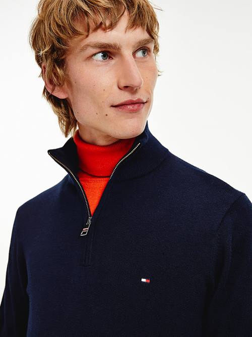 Tommy Hilfiger Pima Cotton Cashmere Half Zip Jumper Moški Puloverji Modra | TH879FMS