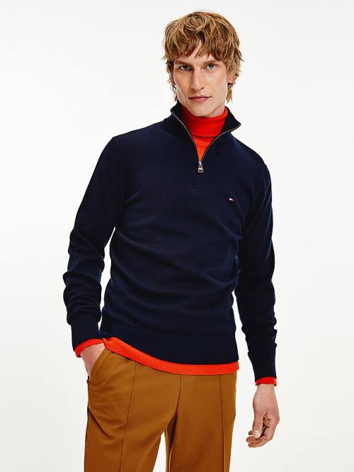 Tommy Hilfiger Pima Cotton Cashmere Half Zip Jumper Moški Puloverji Modra | TH879FMS