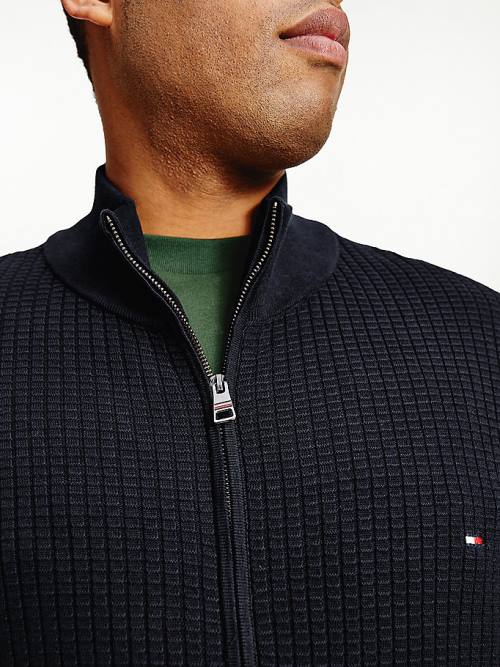 Tommy Hilfiger Plus Knitted Grid Check Zip-Thru Jumper Moški Puloverji Modra | TH879FJB