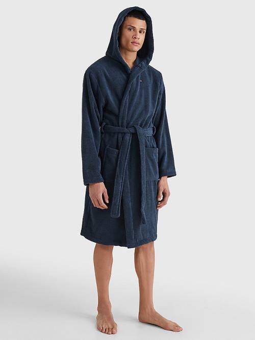 Tommy Hilfiger Pure Cotton Hooded Bathrobe Moški Pižama Modra | TH091NBT