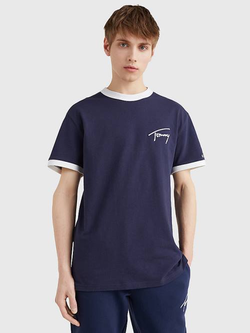 Tommy Hilfiger Recycled Cotton Signature Logo Moški Majice Modra | TH981GJM