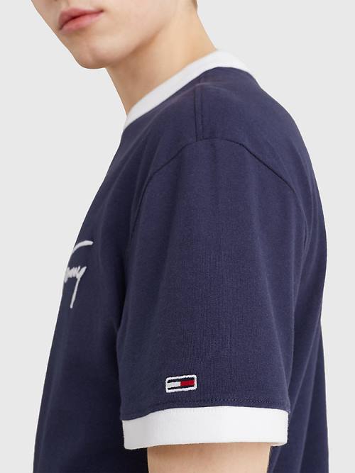 Tommy Hilfiger Recycled Cotton Signature Logo Moški Majice Modra | TH981GJM