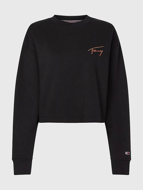 Tommy Hilfiger Recycled Signature Logo Cropped Ženske Pulover Črna | TH654QXS