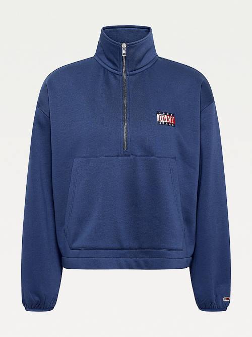 Tommy Hilfiger Relaxed Timeless Tommy Logo Half-Zip Sweatshirt Ženske Pulover s kapuco Modra | TH432KNF