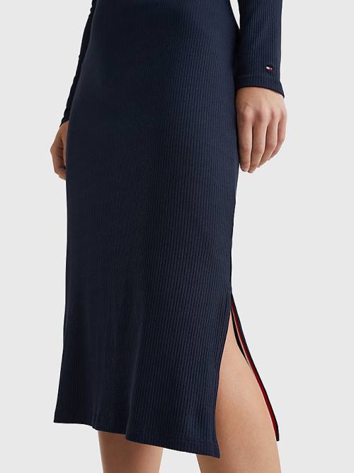 Tommy Hilfiger Rib Square Neck Slim Midi Ženske Obleke Modra | TH961JRC