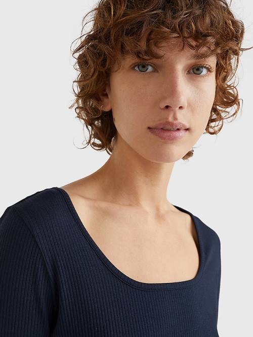 Tommy Hilfiger Rib Square Neck Slim Midi Ženske Obleke Modra | TH961JRC