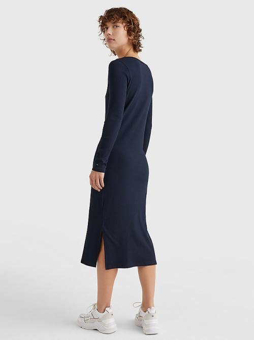 Tommy Hilfiger Rib Square Neck Slim Midi Ženske Obleke Modra | TH961JRC