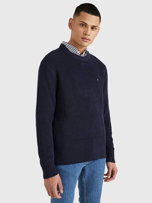 Tommy Hilfiger Ribbed Crew Neck Relaxed Fit Jumper Moški Puloverji Modra | TH156AOT