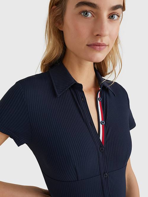 Tommy Hilfiger Ribbed Polo One Piecesuit Ženske Kopalke Modra | TH761BJK