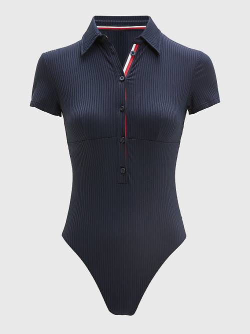 Tommy Hilfiger Ribbed Polo One Piecesuit Ženske Kopalke Modra | TH761BJK