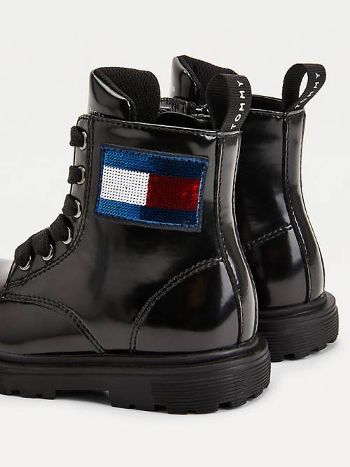 Tommy Hilfiger Sequin Flag Patent Lace-Up Dekleta Škornji Črna | TH382YKH