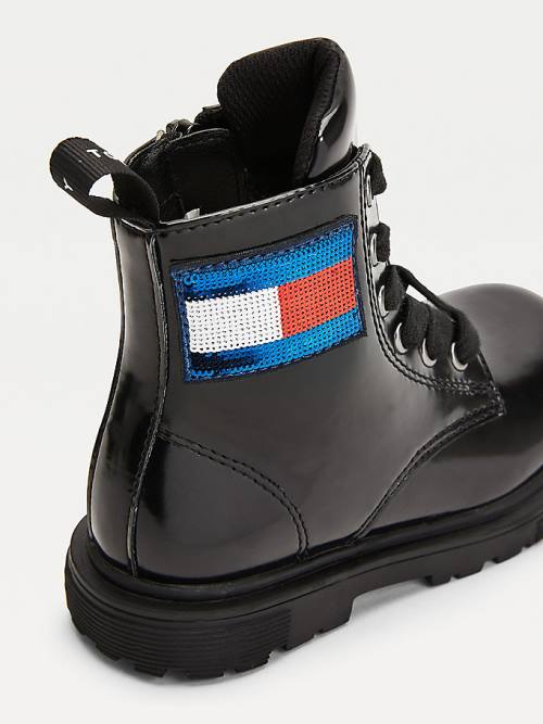 Tommy Hilfiger Sequin Flag Patent Lace-Up Dekleta Škornji Črna | TH382YKH