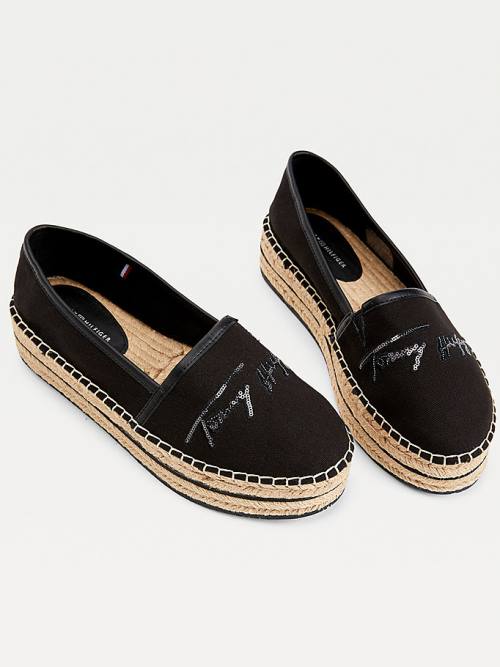 Tommy Hilfiger Sequin Signature Flatform Espadrilles Ženske Loafers Črna | TH310WZU