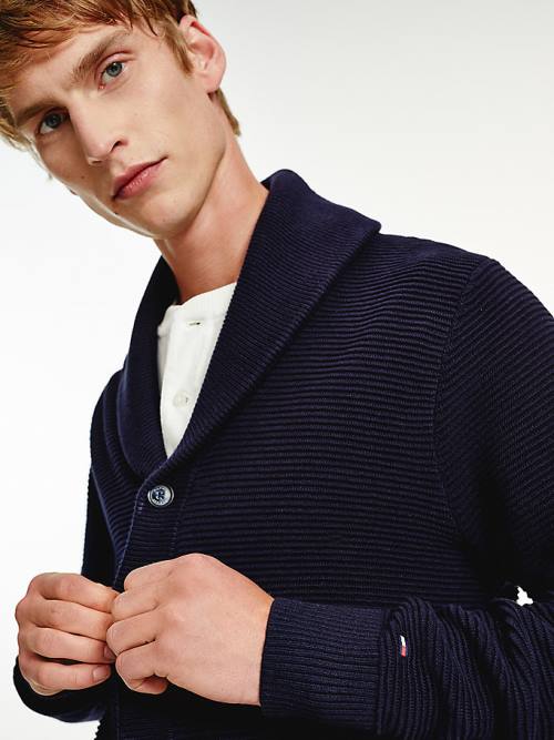 Tommy Hilfiger Shawl Collar Rib-Knit Cardigan Moški Puloverji Modra | TH635GBI