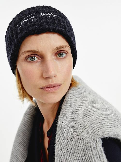 Tommy Hilfiger Signature Alpaca Wool Rib-Knit Beanie Ženske Kapa Modra | TH560RCG