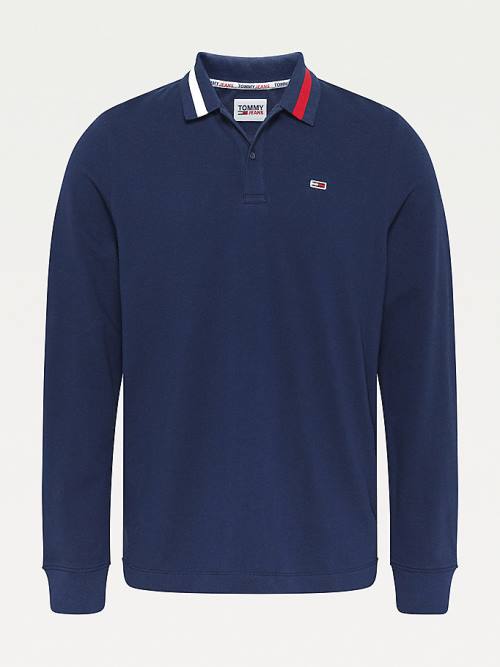 Tommy Hilfiger Signature Collar Regular Long Sleeve Moški Polo Majica Modra | TH957QDI