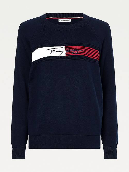 Tommy Hilfiger Signature Embroidery Organic Cotton Jumper Ženske Puloverji Modra | TH183BDW