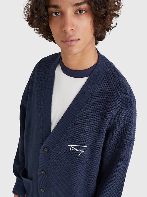 Tommy Hilfiger Signature Embroidery V-Neck Knitted Cardigan Moški Puloverji Modra | TH138ZVF