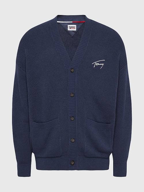 Tommy Hilfiger Signature Embroidery V-Neck Knitted Cardigan Moški Puloverji Modra | TH138ZVF