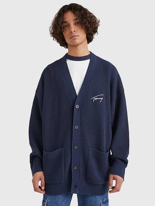 Tommy Hilfiger Signature Embroidery V-Neck Knitted Cardigan Moški Puloverji Modra | TH138ZVF